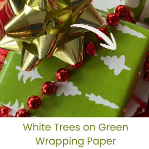 Papier Cadeau Sapins de Noël Blancs sur Fond Vert