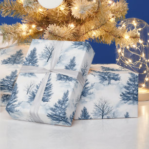 Papier Cadeau Sapins de Noël Bleus Blancs