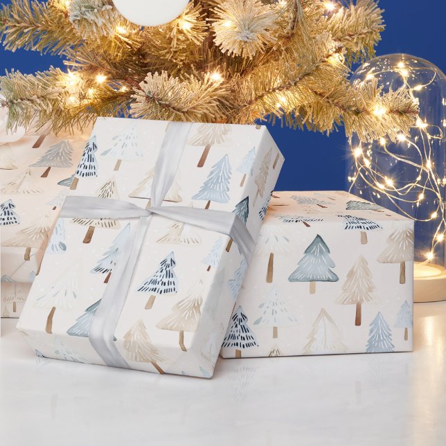 Papier Cadeau Sapins de Noël Bleus Crème Beige (Vacances)