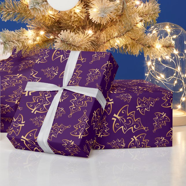 Papier Cadeau Sapins de Noël élégants violets et dorés (Vacances)