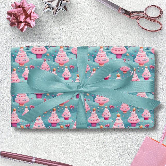 Papier Cadeau Sapins de Noël en Cupcakes Pastel (Pastel Cupcake Christmas Trees Wrapping Paper)