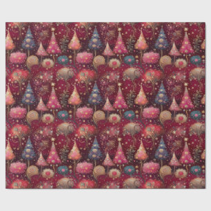 Papier Cadeau Sapins de Noël en rose et en or
