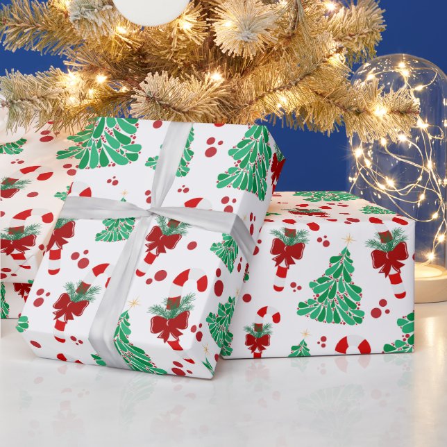 Papier Cadeau Sapins de Noël et Canne de Bonbon  (Vacances)