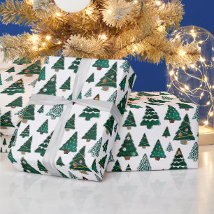 Papier Cadeau Sapins de Noël et décorations Noël blanc