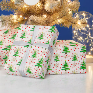Papier Cadeau Sapins de Noël et flocons d'or