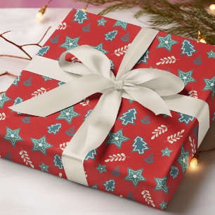 Papier Cadeau Sapins de Noël Étoiles Floral Rouge Vert Motif