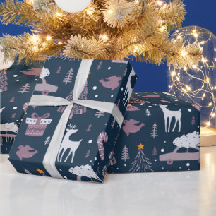 Papier Cadeau Sapins de Noël Étoiles Rennes Bleu Foncé Noël