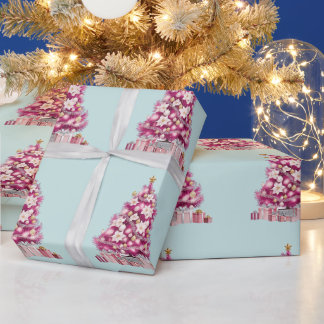 Papier Cadeau Sapins de Noël Floraux Rose Élégant sur Fond Bleu 