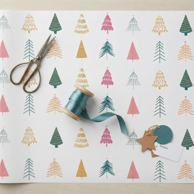 Papier Cadeau Sapins de Noël modernes éclectiques rose sarcelle  (Créateur téléchargé)