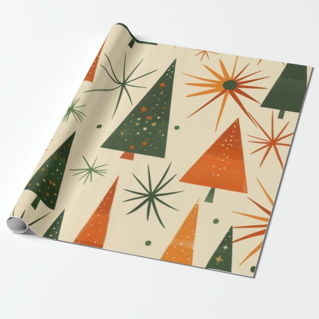 Papier Cadeau Sapins de Noël Rétro Moderne du Milieu du Siècle (Déroulé)