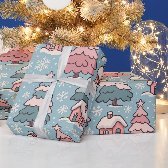 Papier Cadeau Sapins de Noël roses  (Vacances)