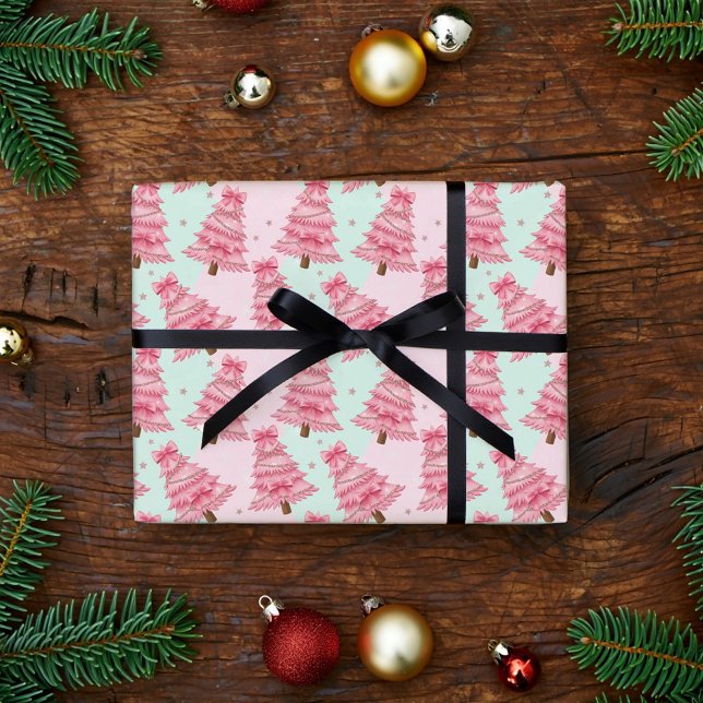 Papier Cadeau Sapins de Noël roses décorés de nœuds. (Créateur téléchargé)