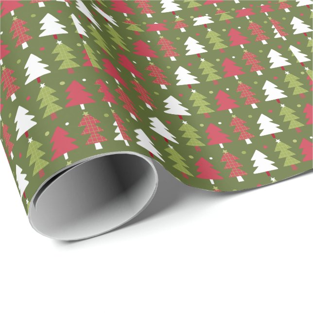 Papier Cadeau Sapins de Noël Rouges Blancs et Verts (Coin rond)