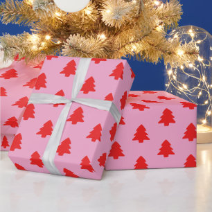 Papier Cadeau Sapins de Noël rouges simples sur rose
