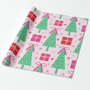 Papier Cadeau Sapins de Noël verts avec rubans roses et boîte ca