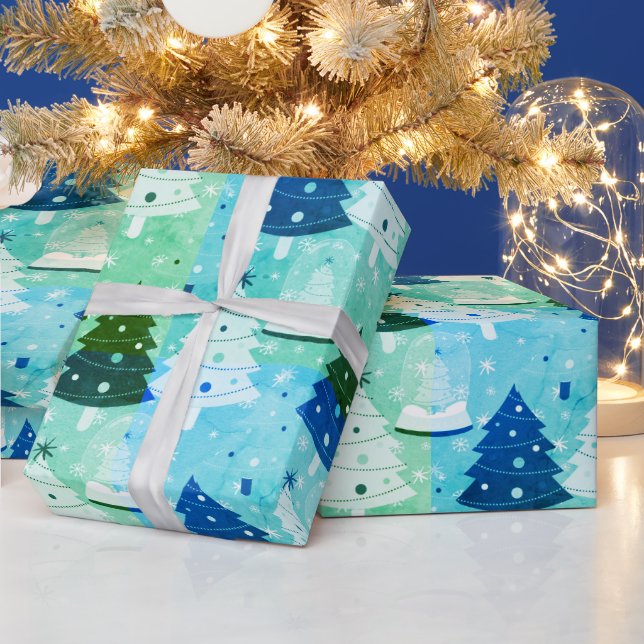 Papier Cadeau Sapins de Noël verts et boule à neige (Vacances)