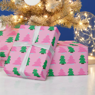 Papier Cadeau Sapins de Noël verts et roses