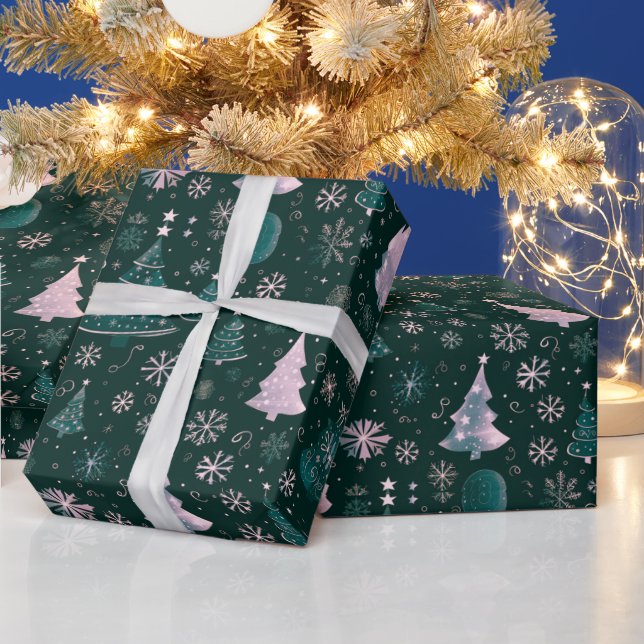 Papier Cadeau Sapins Flocons de Neige Vert Noël (Vacances)
