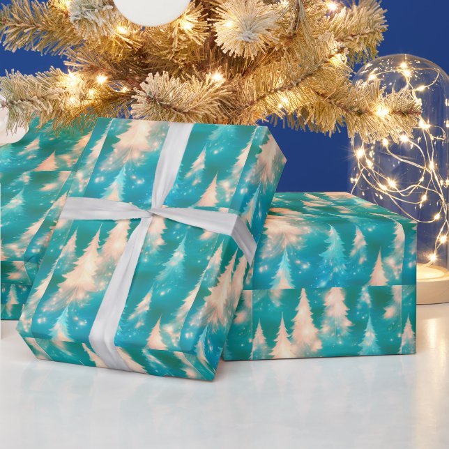 Papier Cadeau Sapins modernes bleu vert blanc Noël (Vacances)