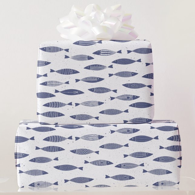 Papier Cadeau Sardine Poisson Navy Bleu Blanc Côté Mer (Sardine fish blue and white block print Mediterranean gift wrap paper roll)