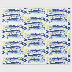 Papier Cadeau Sardines bleues et jaunes d'été méditerranéen