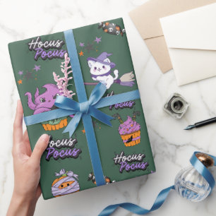 Papier Cadeau sauge vert Hocus Pocus mignon sorcière Chat Hallow