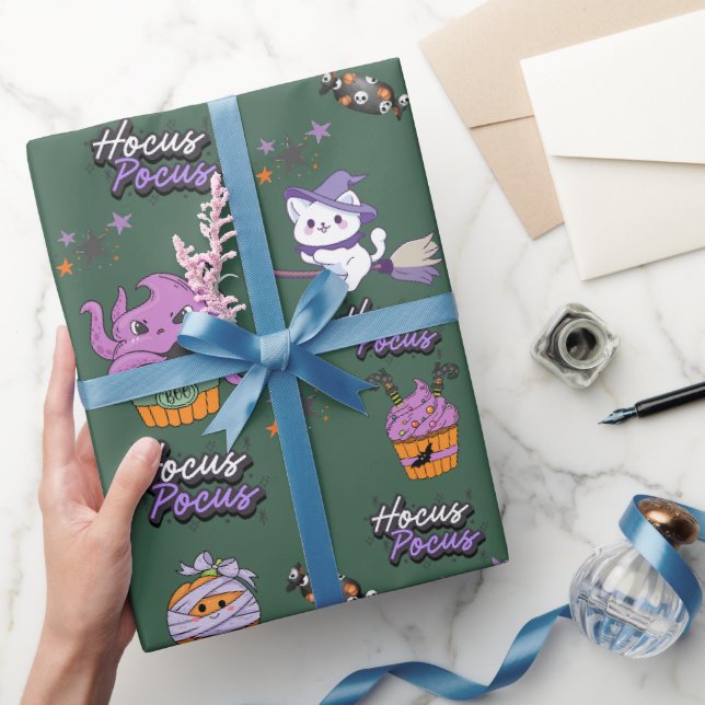 Papier Cadeau sauge vert Hocus Pocus mignon sorcière Chat Hallow (Cadeaux)
