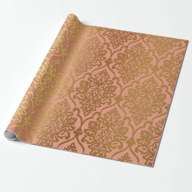 Papier Cadeau Saumon Pastel Damask Royal Golden Foil (Déroulé)
