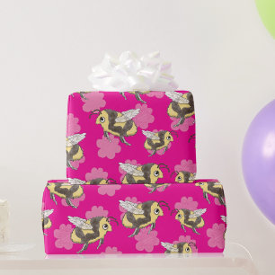 Papier Cadeau Sauvez les abeilles sur fond floral rose