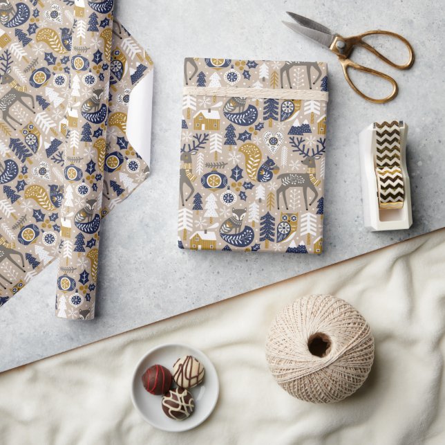 Papier Cadeau Scandi Noël mignon Bois Animaux Taupe (Artisanat)