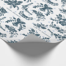 Scandinave Noël Folk Art Floral Bleu Bleu Blanc