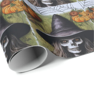 Papier Cadeau Scary Skeleton Witch pour une fête d'Halloween Dép