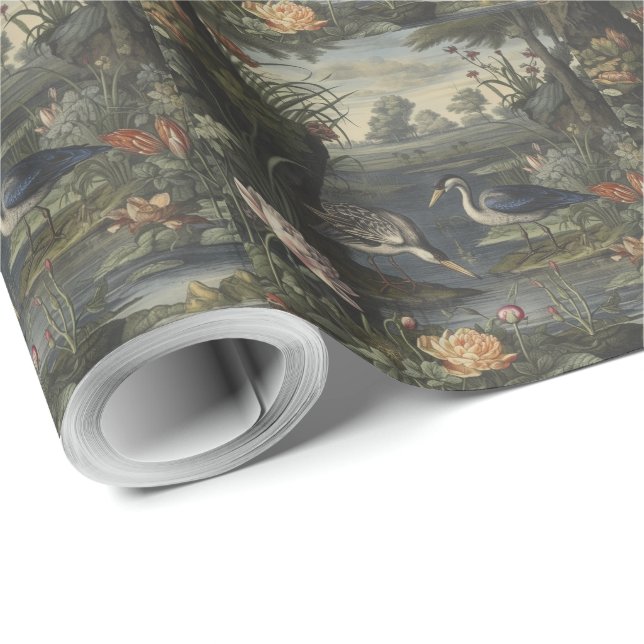 Papier Cadeau Scène botanique de grue bleue près d'une rivière (Coin rond)