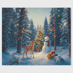 Papier Cadeau Scène d'arbre de Noël Cerf Faon Bonhomme de neige