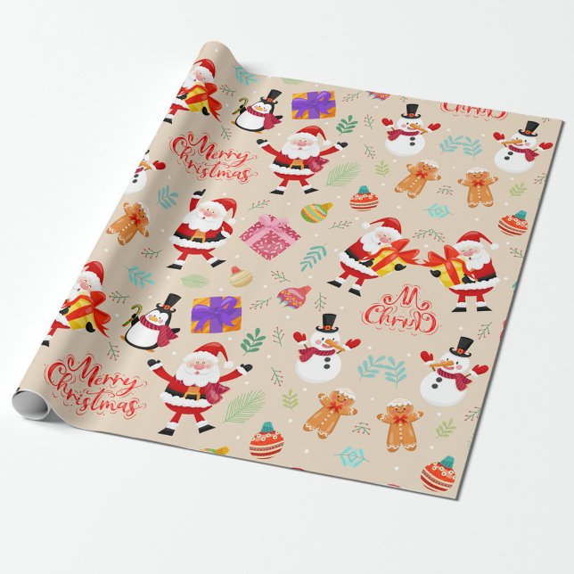 Papier Cadeau Scène de cadeaux de Noël festive avec le Père Noël ("Santa, penguins, and presents the perfect holiday trio")