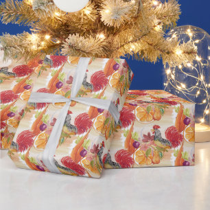 Papier Cadeau Scène de campagne au coq rouge aquarelle peinte à 