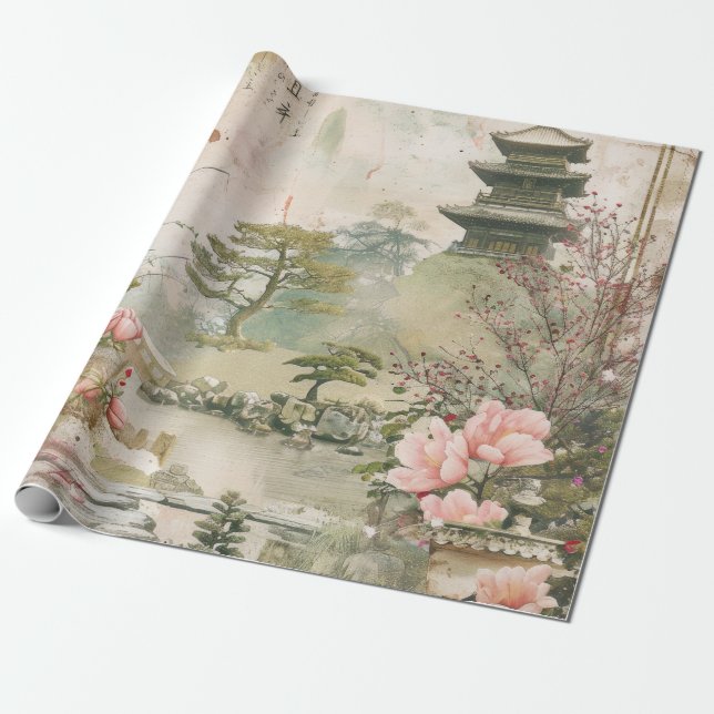 Papier Cadeau Scène de jardin de fleurs de cerisier (3) (Déroulé)