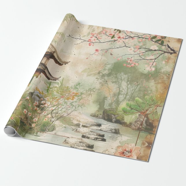 Papier Cadeau Scène de jardin de fleurs de cerisier (4) (Déroulé)