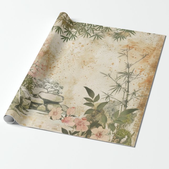Papier Cadeau Scène de jardin de fleurs de cerisier (8) (Déroulé)