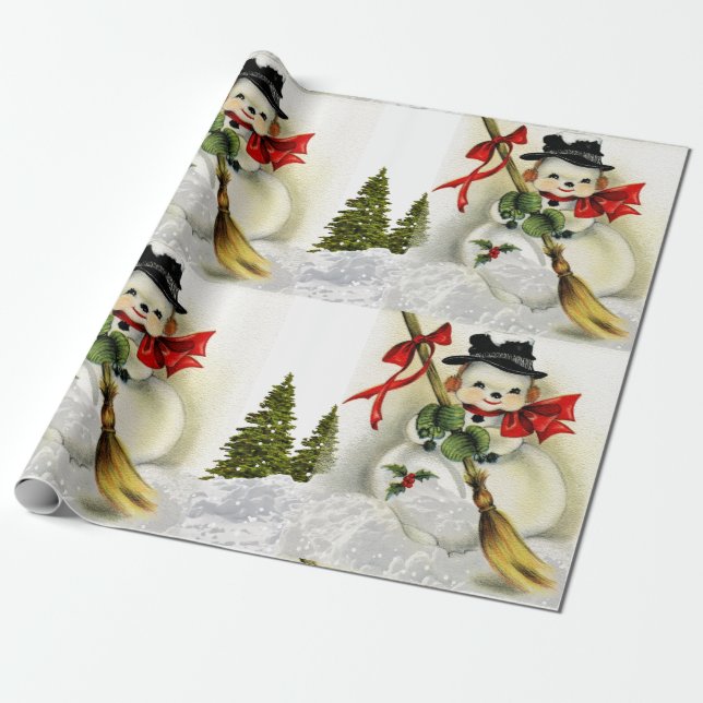 Papier Cadeau Scène de neige avec bonhomme de neige vintage  (Déroulé)