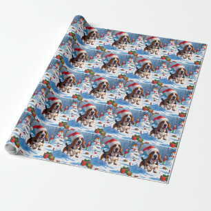 Papier Cadeau Scène de neige festive de Noël avec Basset Hound