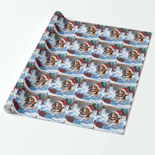 Papier Cadeau Scène de neige festive de Noël avec Beagle (Déroulé)