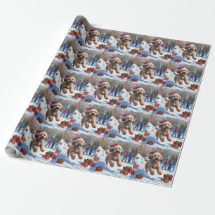 Papier Cadeau Scène de neige festive de Noël Bernedoodle Chien
