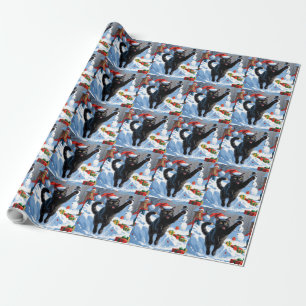 Papier Cadeau Scène de neige festive de Noël Black Cat