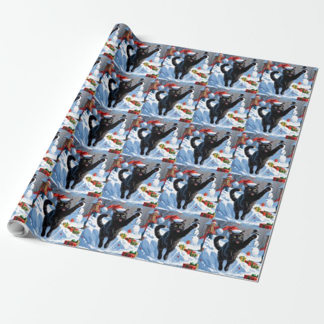 Papier Cadeau Scène de neige festive de Noël Black Cat (Déroulé)