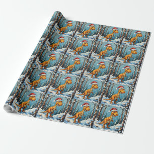 Papier Cadeau Scène de Noël avec dinosaure vintage et chapeau de