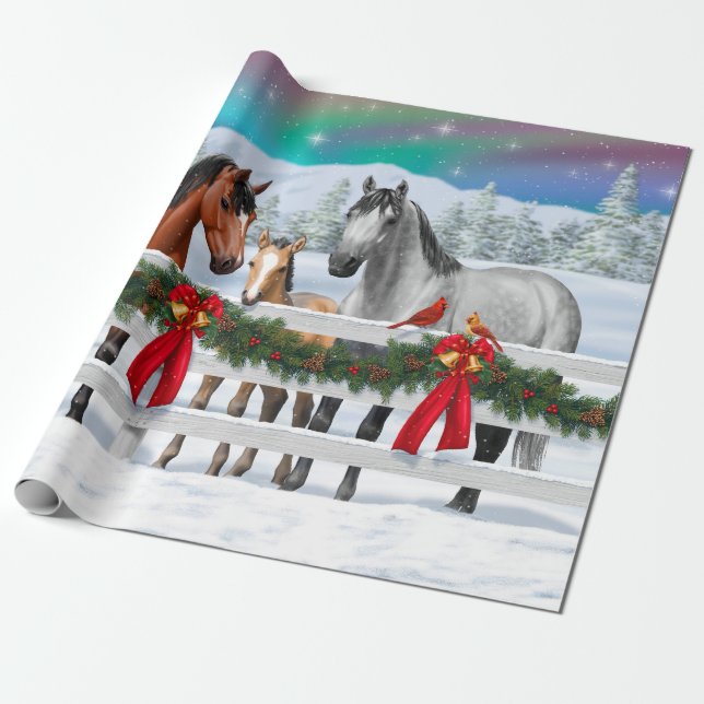 Papier Cadeau Scène de Noël Baie Buckskin Dapple Chevaux gris (Déroulé)