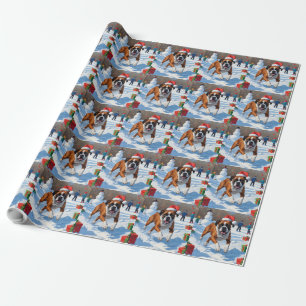 Papier Cadeau Scène de Noël festive avec un Boxer dans la neige