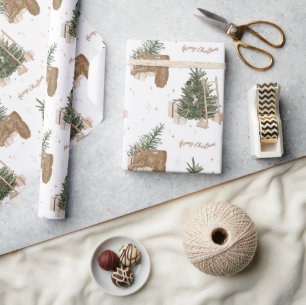 Papier Cadeau Scène de Noël Pine Arbre Aquarelle Cadeau de vacan