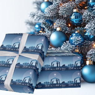 Papier Cadeau Scène de Noël religieuse bleu